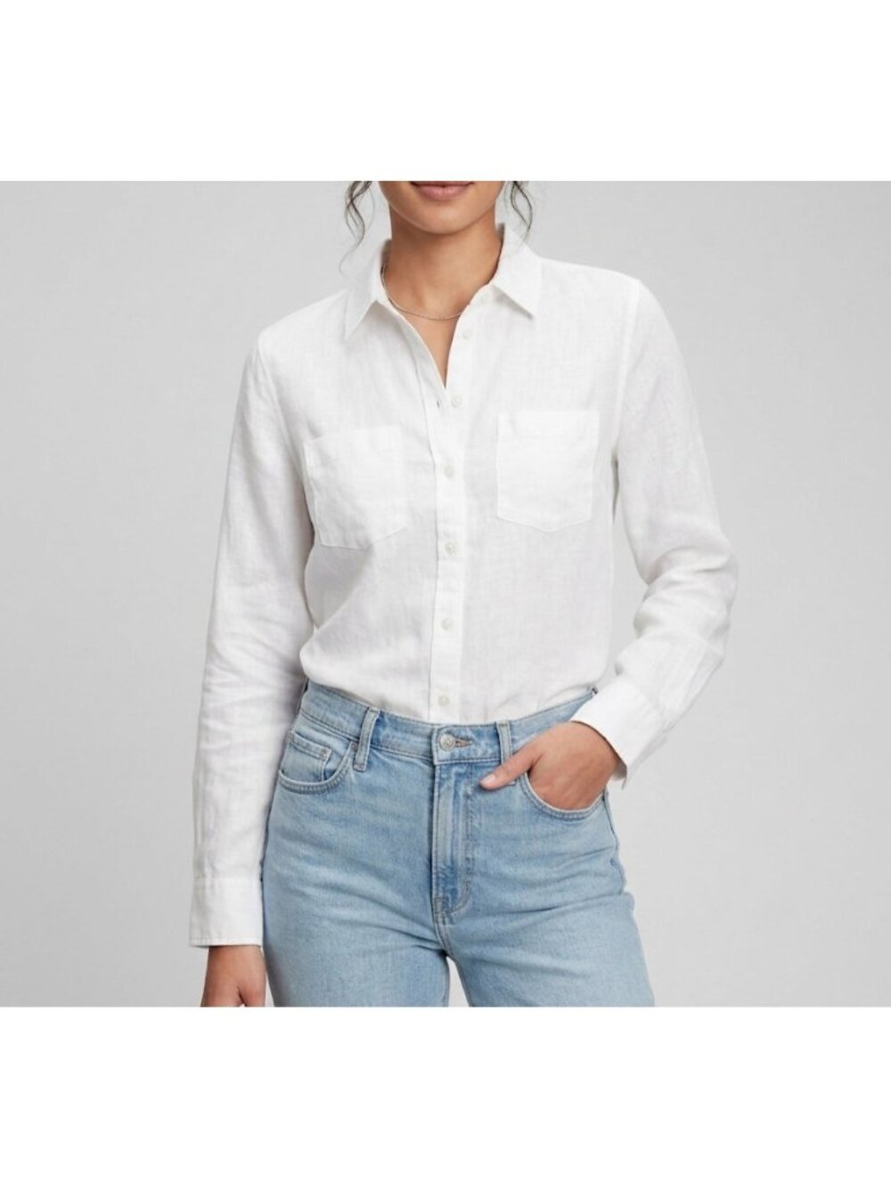 Gap Women’s White 100% Linen Button-Up Long Sleeve Shirt Front Pockets Size S